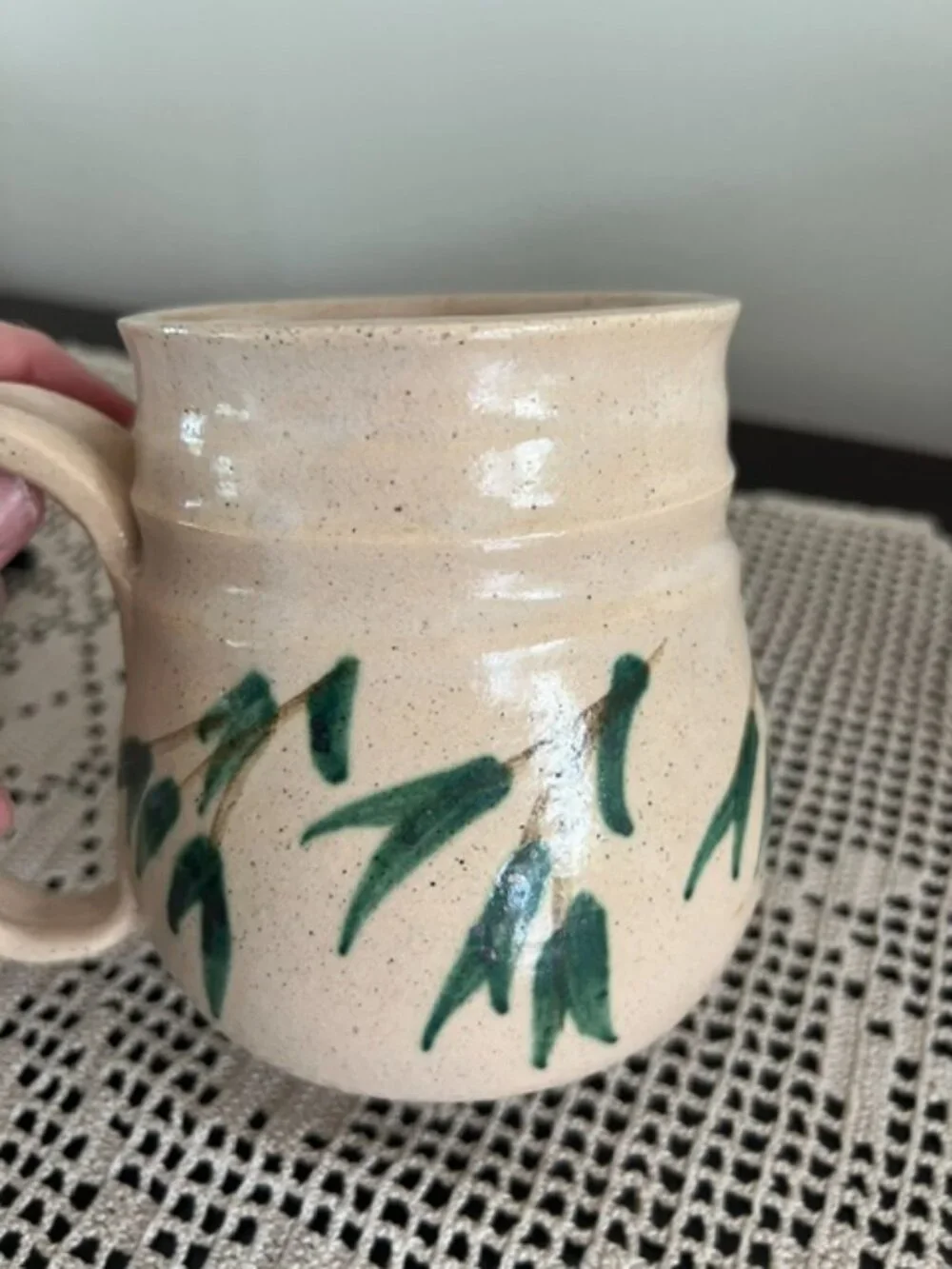 Pottery Stoneware Mug Handpainted Leaves Signed by Artist